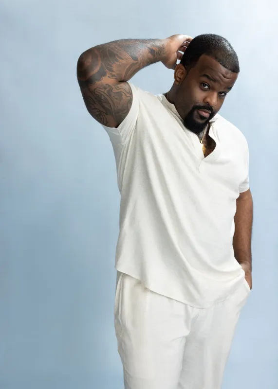 Refiloe Men's African Linen Blend Tunic Shirt (Sand) made by D'iyanu