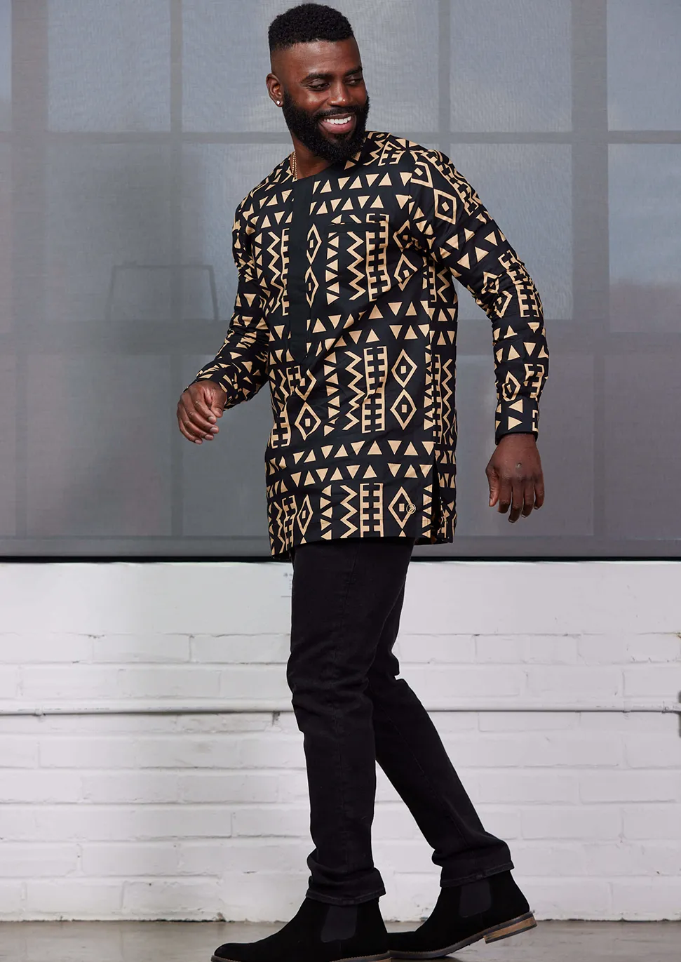 Ibrahim Men's African Print Traditional Shirt (Tan Black Tribal) sold by D'iyanu product image thumbnail 4