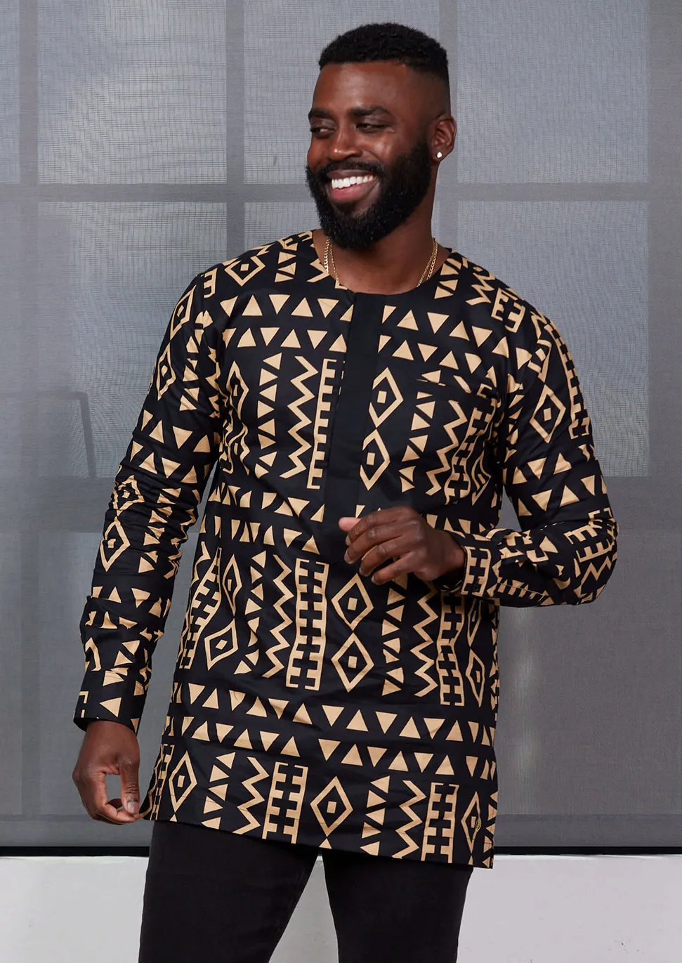 Ibrahim Men's African Print Traditional Shirt (Tan Black Tribal) sold by D'iyanu