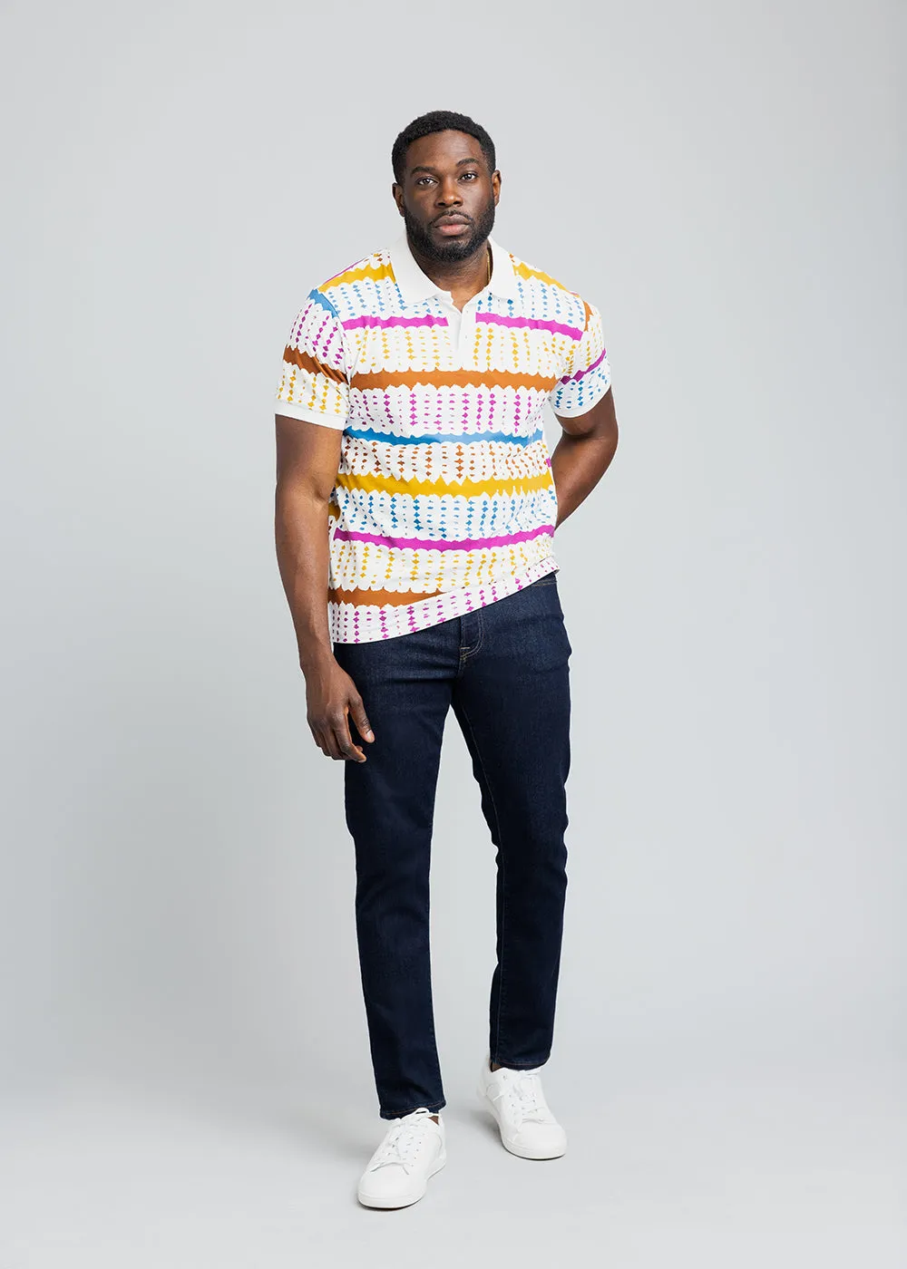 Femi Men's African Print Polo Shirt (White Nautical Adire) sold by D'iyanu product image thumbnail 3
