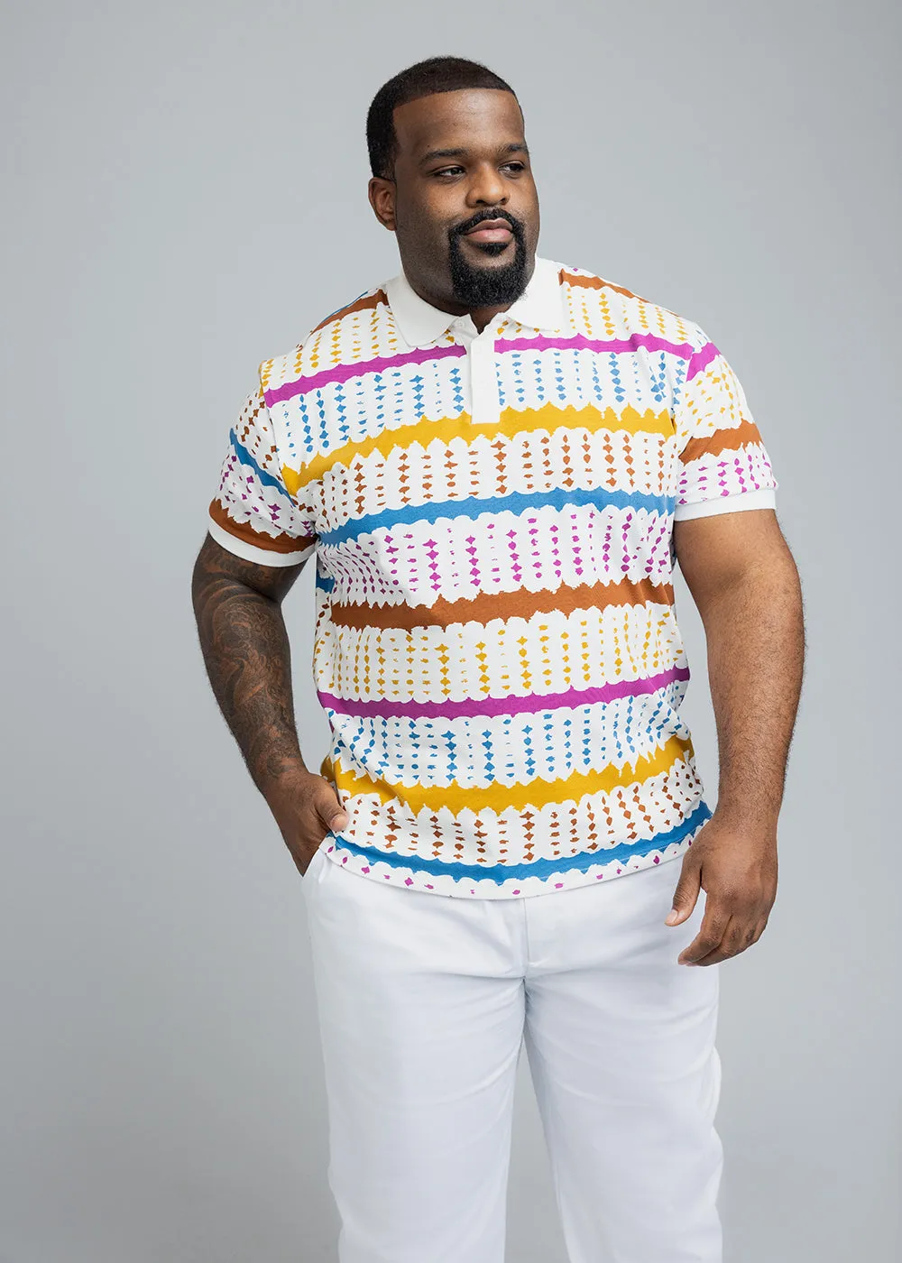 Femi Men's African Print Polo Shirt (White Nautical Adire) sold by D'iyanu product image thumbnail 2