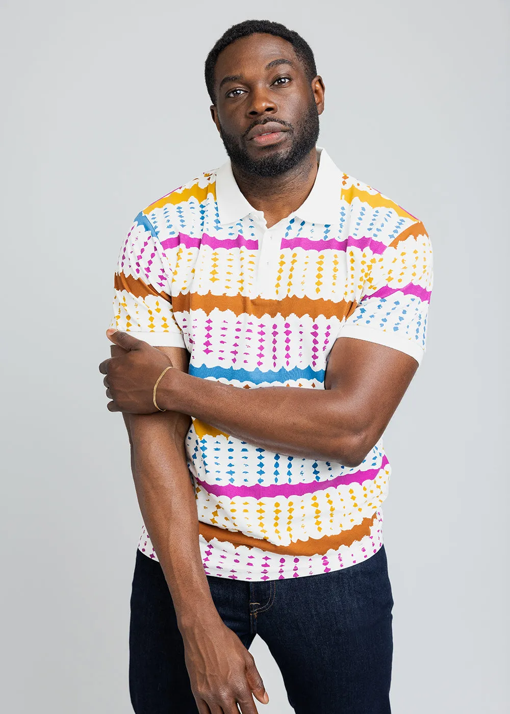 Femi Men's African Print Polo Shirt (White Nautical Adire) sold by D'iyanu
