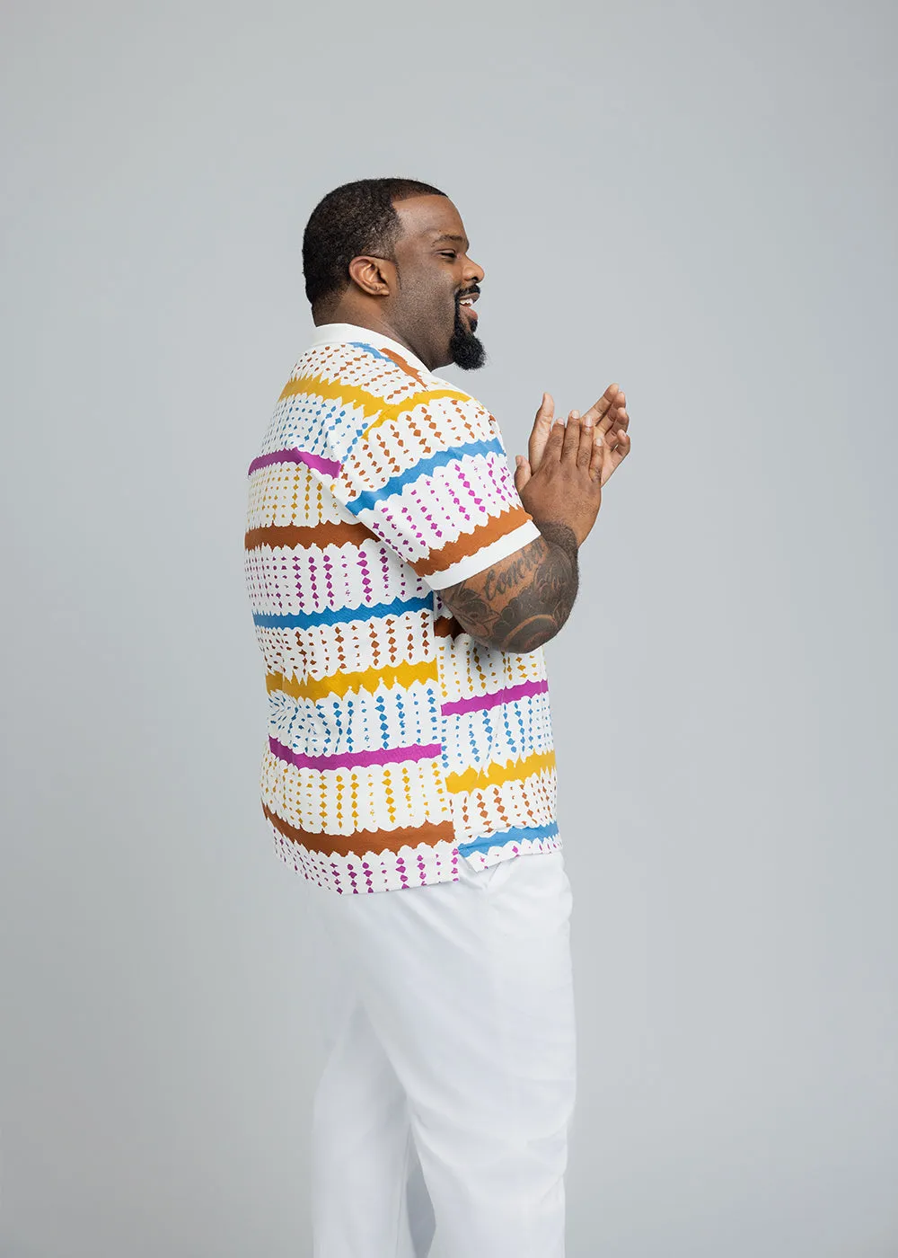 Femi Men's African Print Polo Shirt (White Nautical Adire) sold by D'iyanu product image thumbnail 5