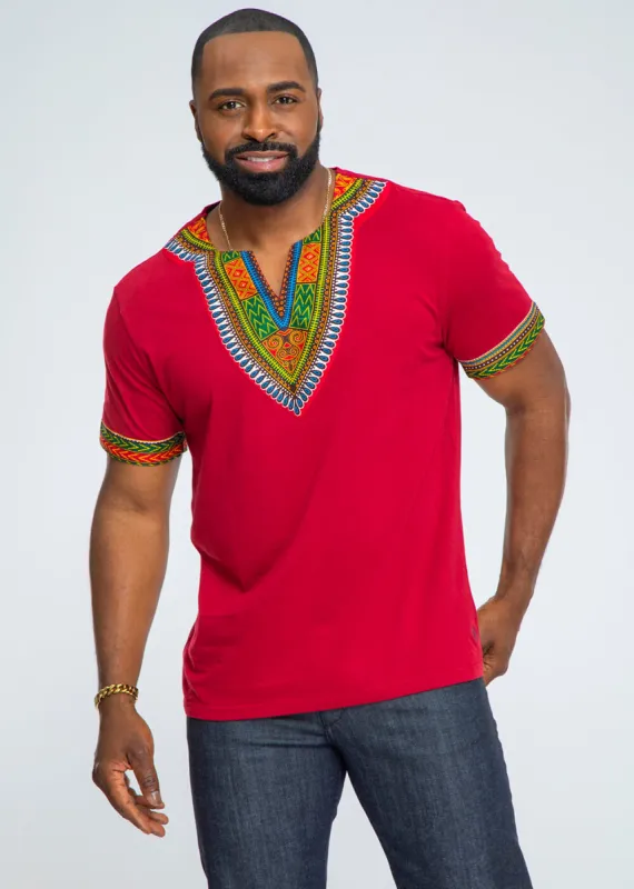 African Print Men's Dashiki T-Shirt (Maroon) sold by D'iyanu