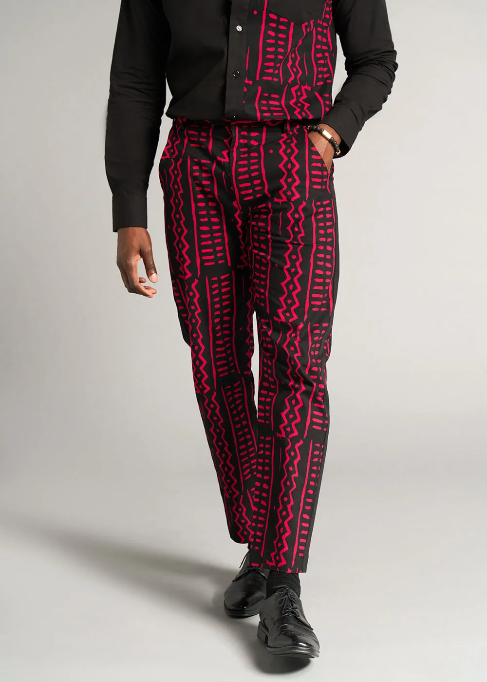 Tendai Men's African Print Trousers (Black Magenta Tribal) - Clearance sold by D'iyanu
