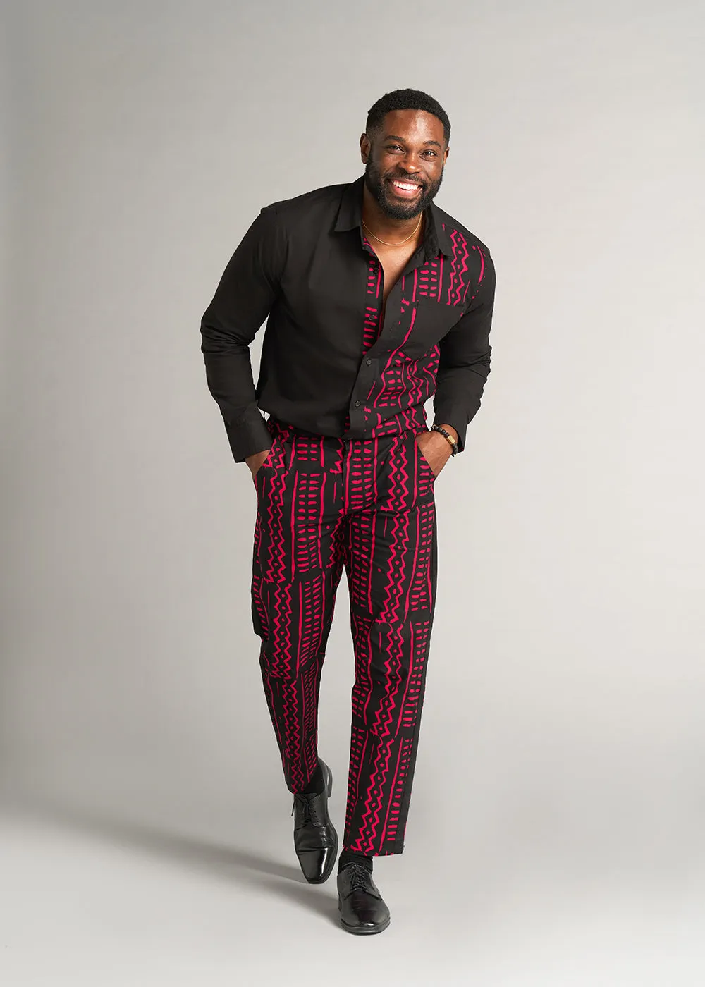 Tendai Men's African Print Trousers (Black Magenta Tribal) - Clearance sold by D'iyanu product image thumbnail 2