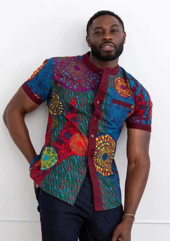 Olu Men's African Print Mandarin Collar Shirt (New Harvest Multipattern) sold by D'iyanu