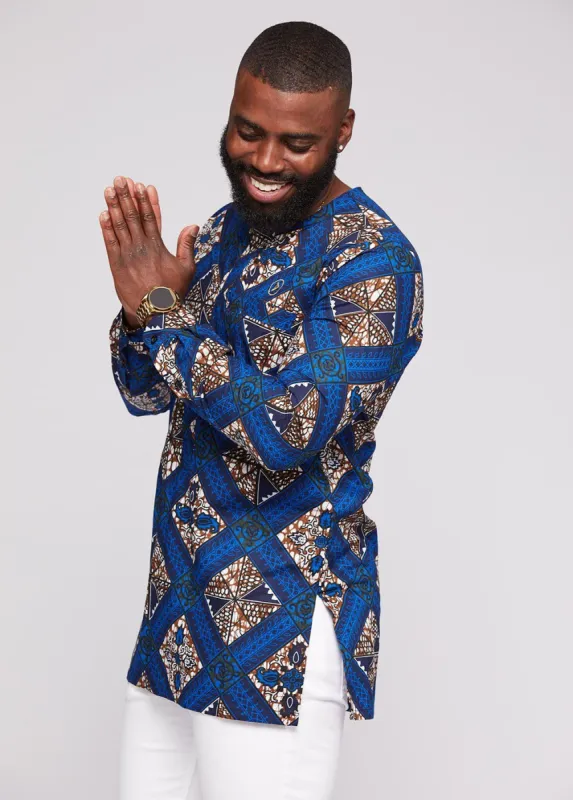 Jafari Men's African Print Long Sleeve Traditional Shirt (Blue Tan Diamonds) sold by D'iyanu