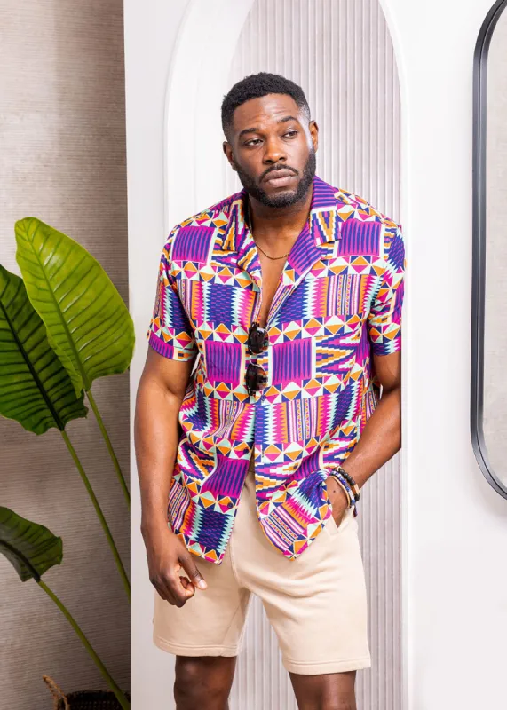 Malik Men's African Print Lightweight Button-Up Shirt (Mint Purple Kente) sold by D'iyanu