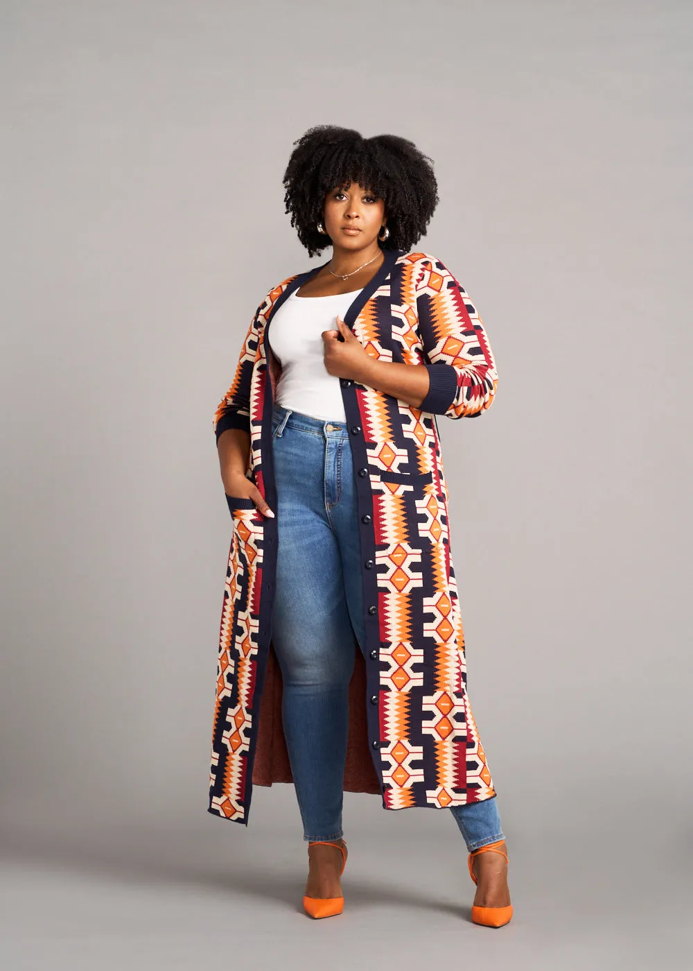 Aisha Women's African Print Cardigan (Cream Orange Kente) sold by D'iyanu product image thumbnail 3