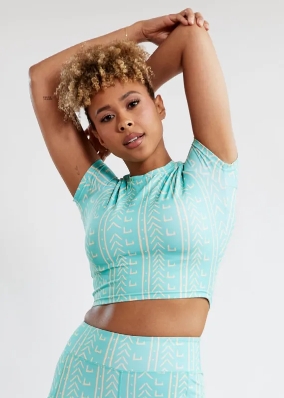 Gawa Women's African Print Active Crop Top (Mint Tan Mudcloth) - Clearance sold by D'iyanu