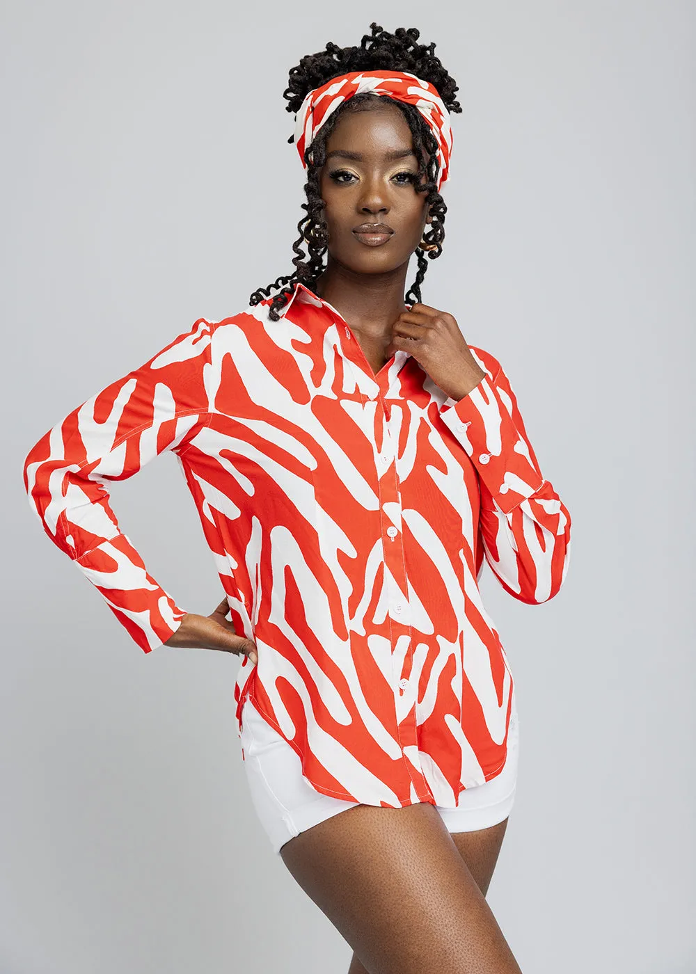 Kwamena Women's African Print Button-Up Shirt (Deep Orange Zebra Abstract) - Clearance sold by D'iyanu product image thumbnail 2