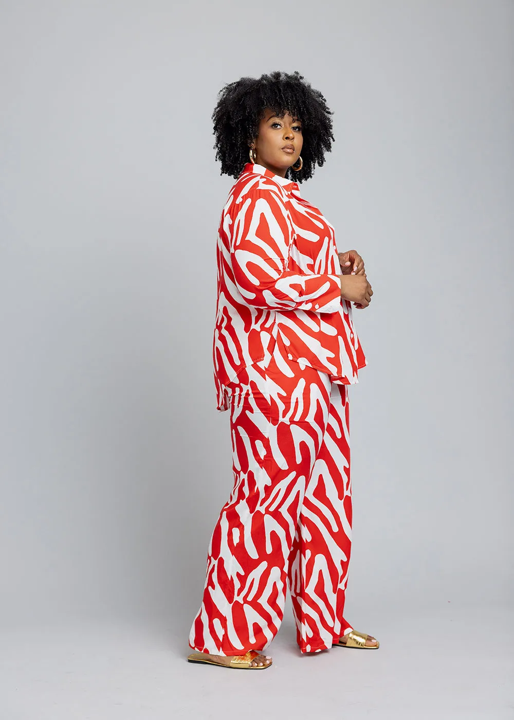 Kwamena Women's African Print Button-Up Shirt (Deep Orange Zebra Abstract) - Clearance sold by D'iyanu product image thumbnail 5