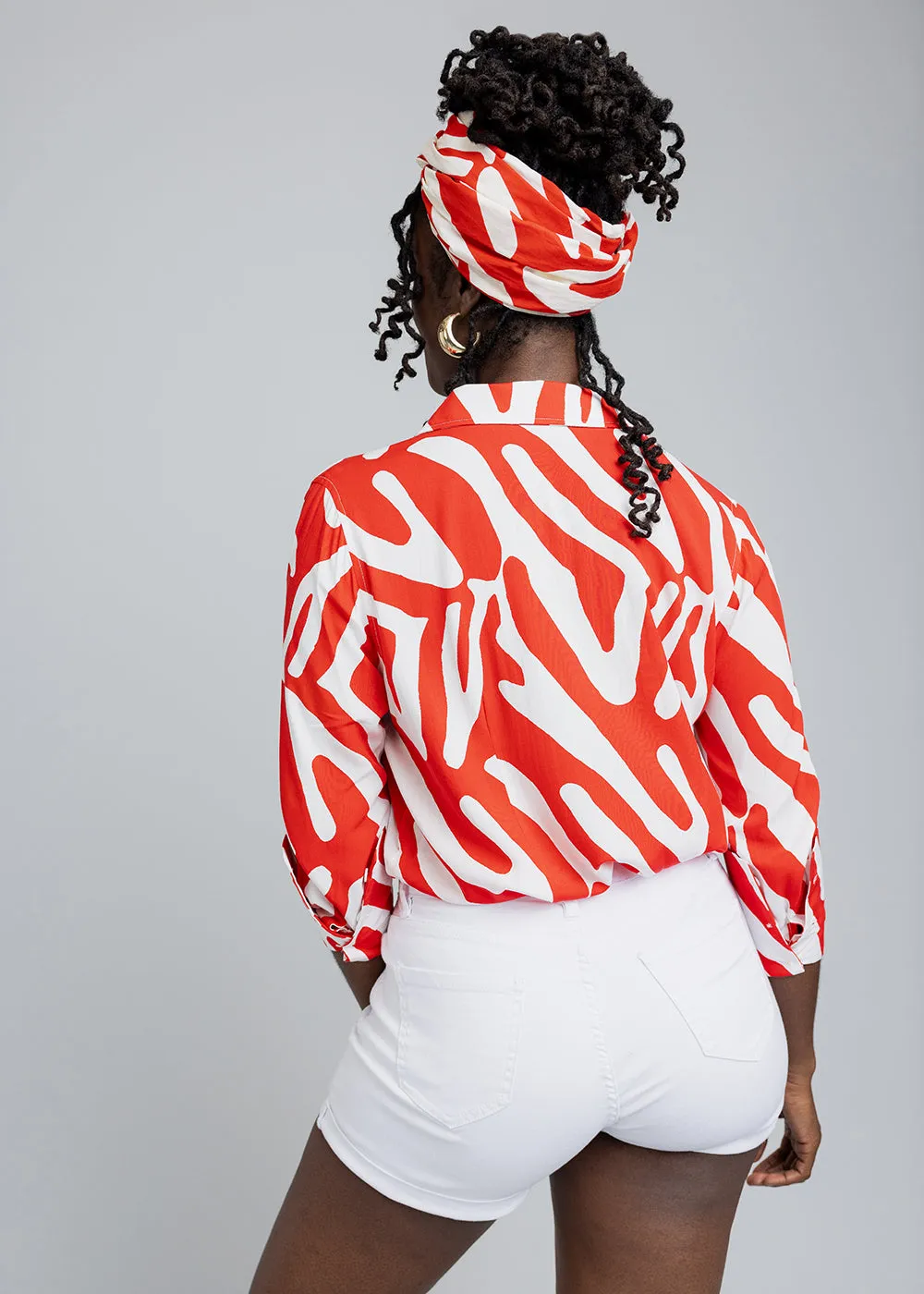 Kwamena Women's African Print Button-Up Shirt (Deep Orange Zebra Abstract) - Clearance sold by D'iyanu product image thumbnail 3