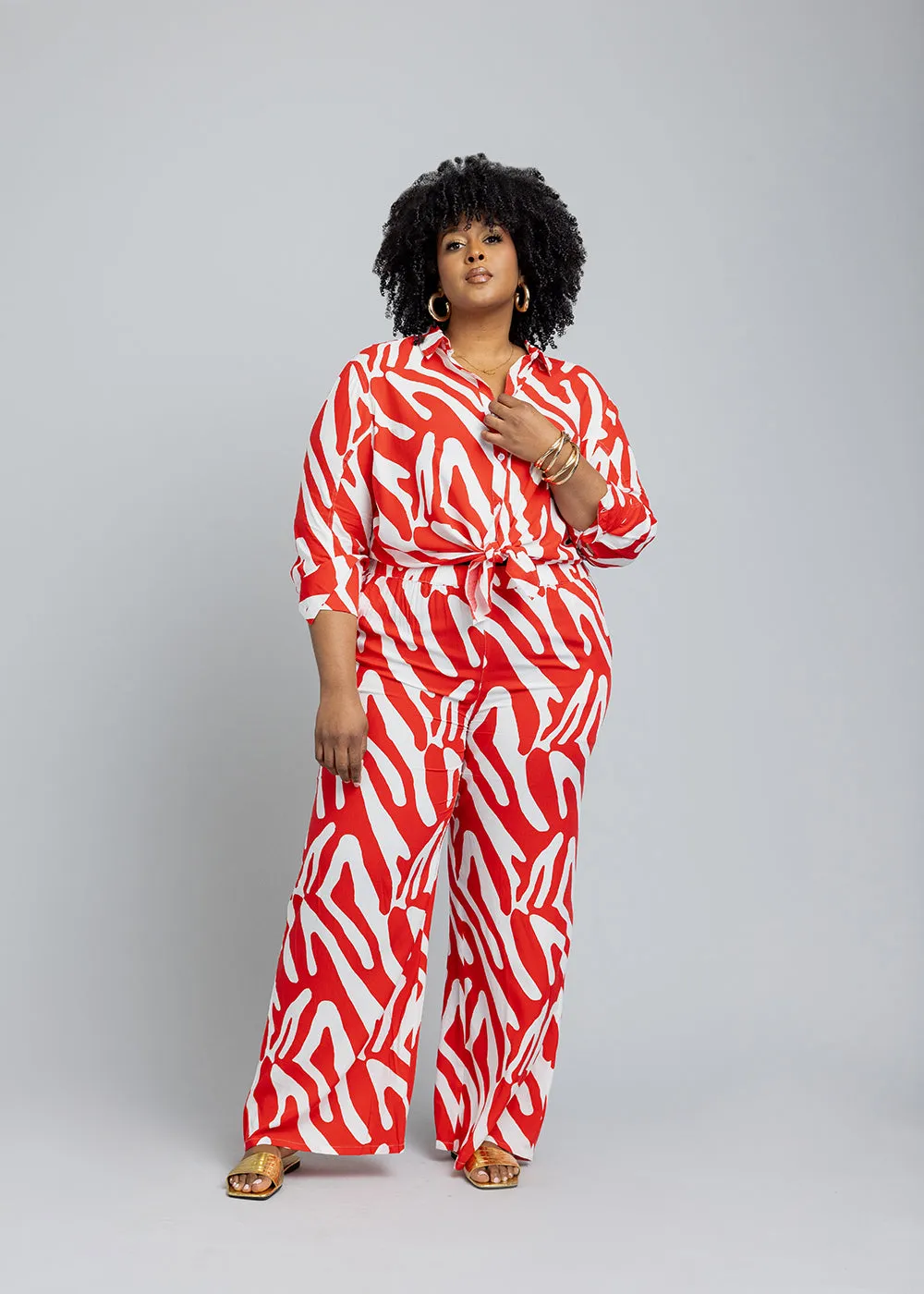 Kwamena Women's African Print Button-Up Shirt (Deep Orange Zebra Abstract) - Clearance sold by D'iyanu product image thumbnail 4