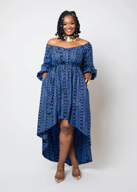Afua Women's African Print High-Low Off-Shoulder Maxi Dress (Blue Navy Mudcloth) sold by D'iyanu