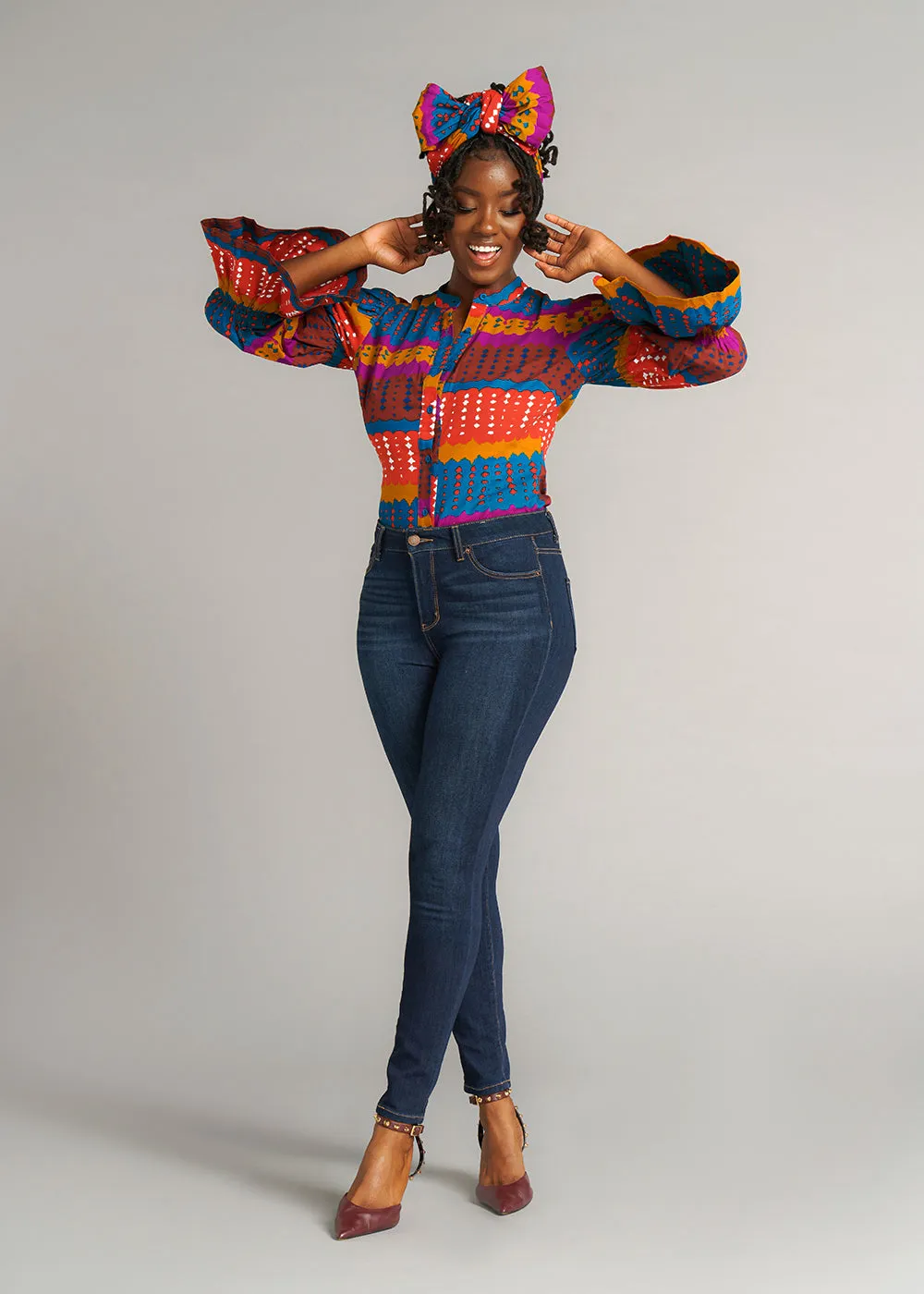 Amari Women's African Print Button-Up Top (Orange Teal Adire) - Clearance sold by D'iyanu product image thumbnail 4