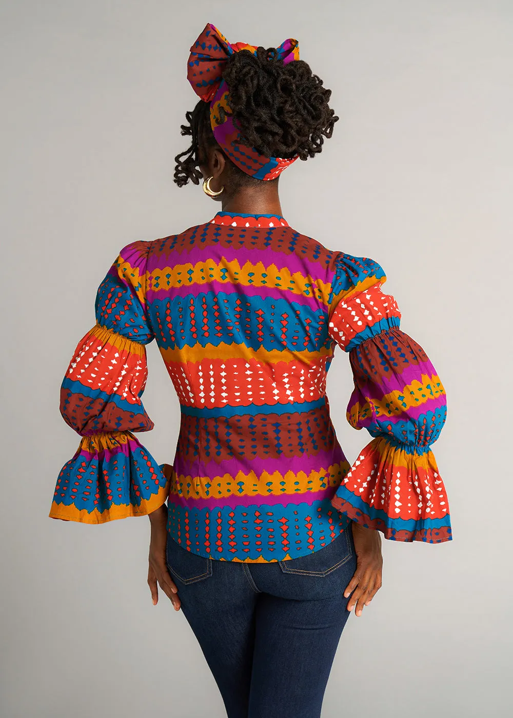 Amari Women's African Print Button-Up Top (Orange Teal Adire) - Clearance sold by D'iyanu product image thumbnail 3