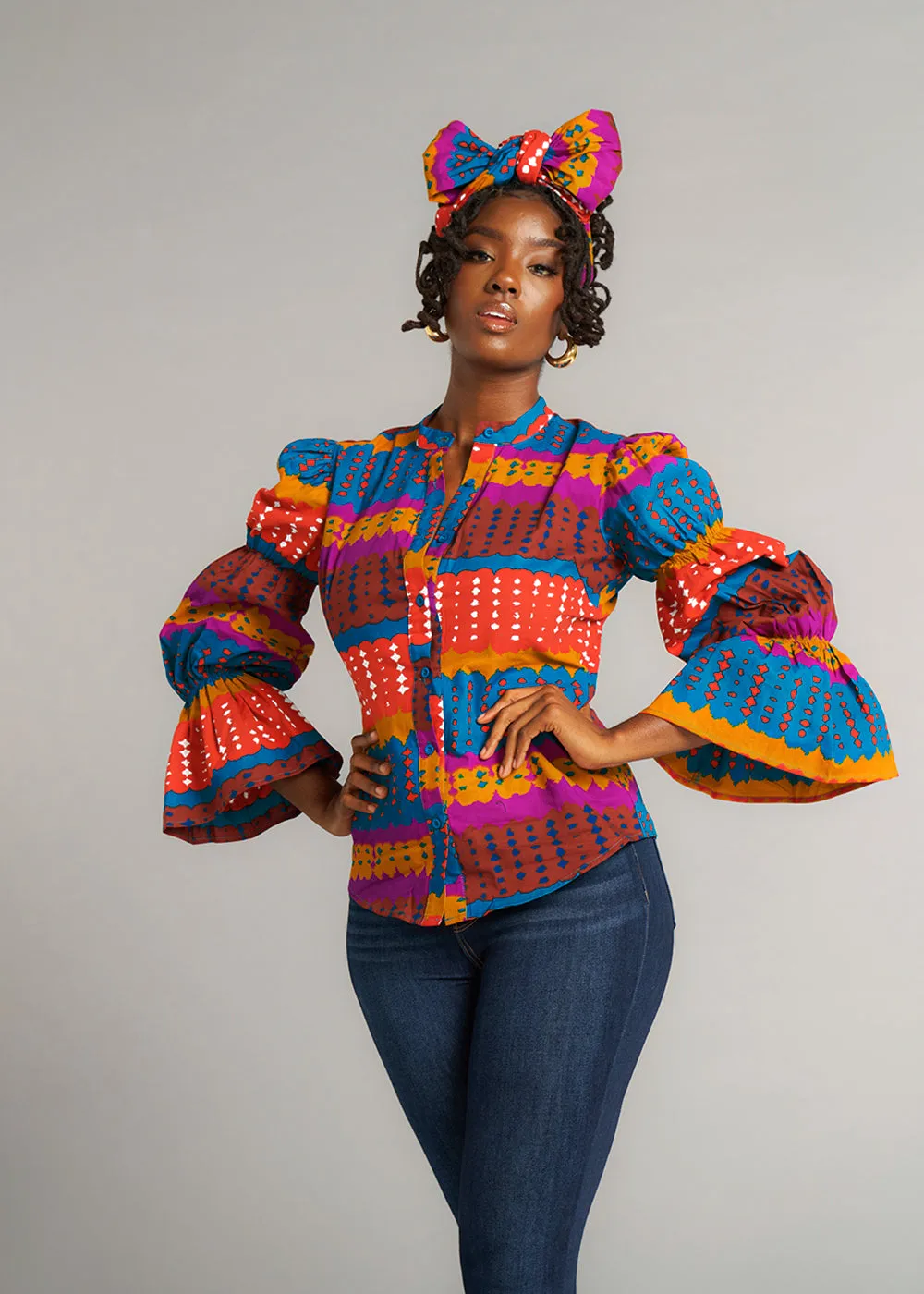 Amari Women's African Print Button-Up Top (Orange Teal Adire) - Clearance sold by D'iyanu