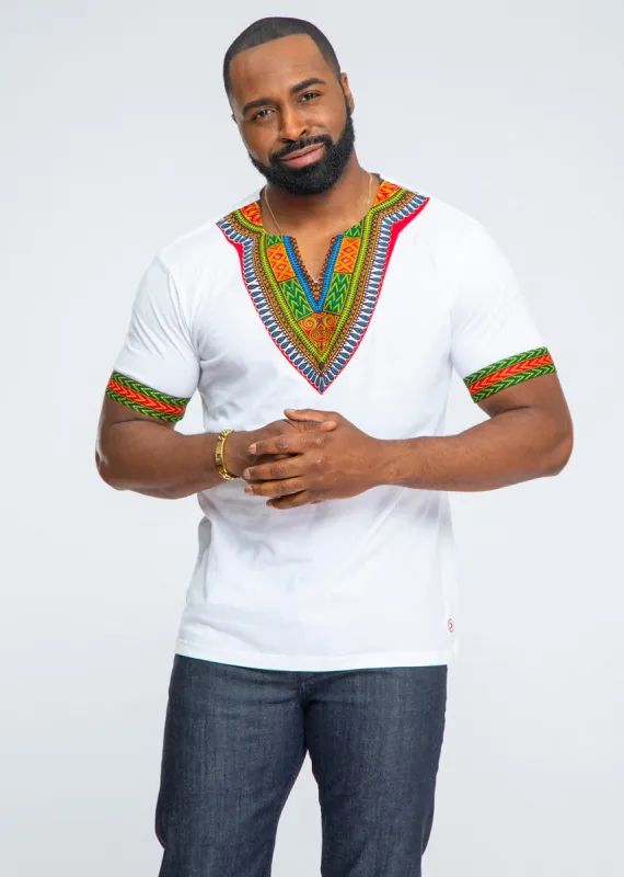 Men's African Print Dashiki T-Shirt (White) sold by D'iyanu