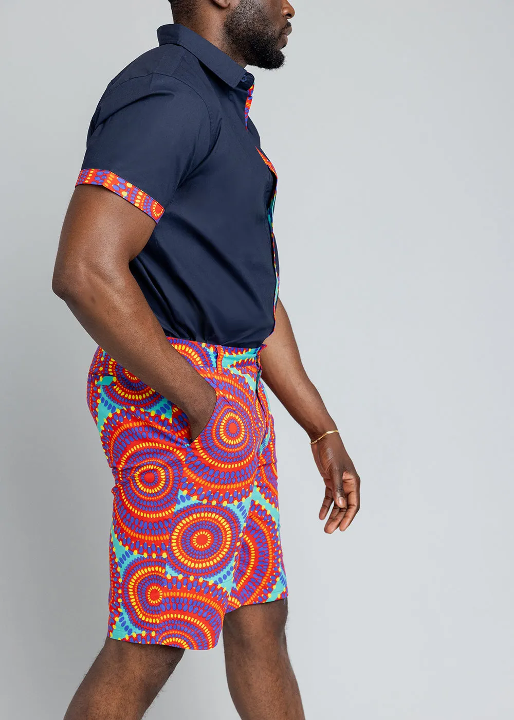 Kanai Men's African Print Color-Blocked Shirt (Navy/Turquoise Red Circles) - Clearance sold by D'iyanu product image thumbnail 5