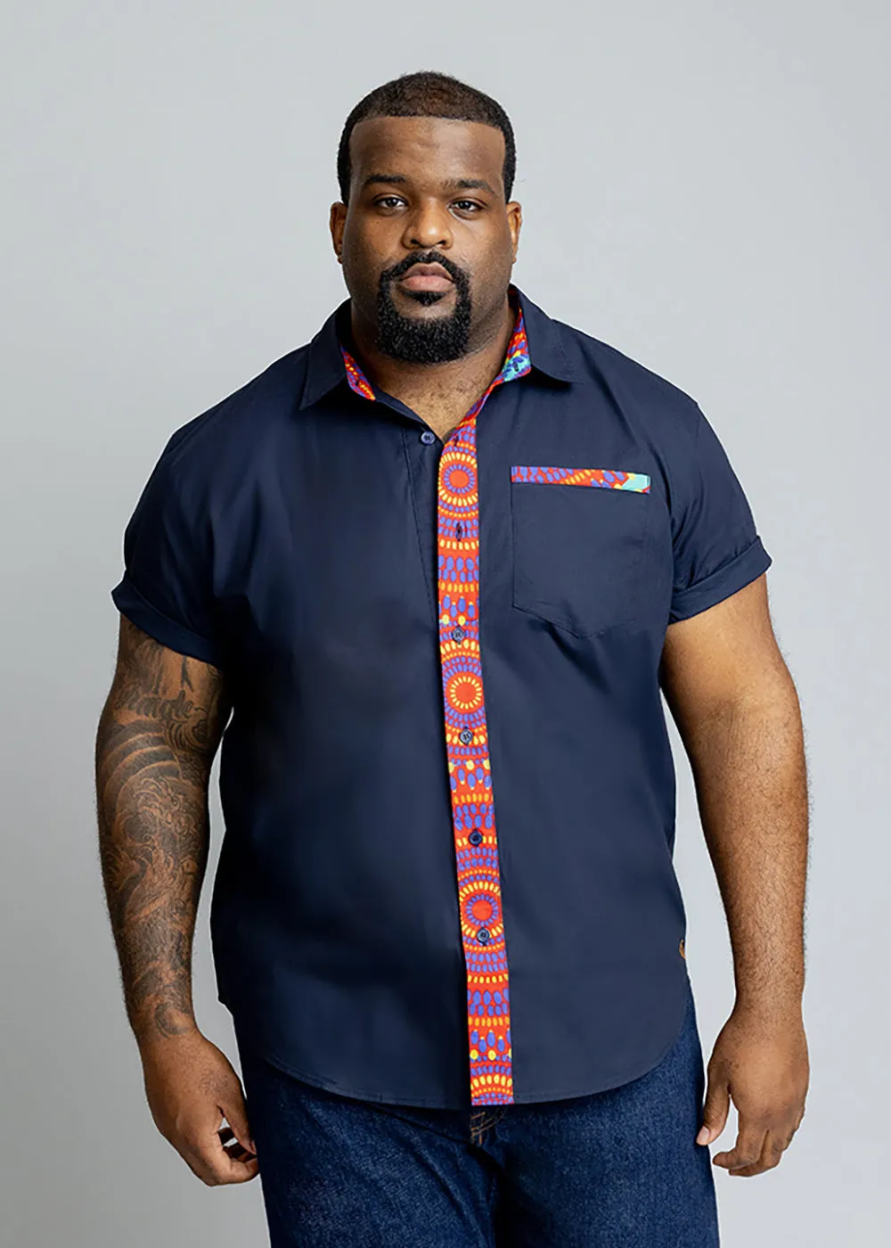 Kanai Men's African Print Color-Blocked Shirt (Navy/Turquoise Red Circles) - Clearance sold by D'iyanu product image thumbnail 2