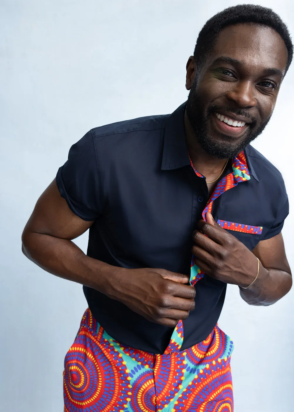 Kanai Men's African Print Color-Blocked Shirt (Navy/Turquoise Red Circles) - Clearance sold by D'iyanu