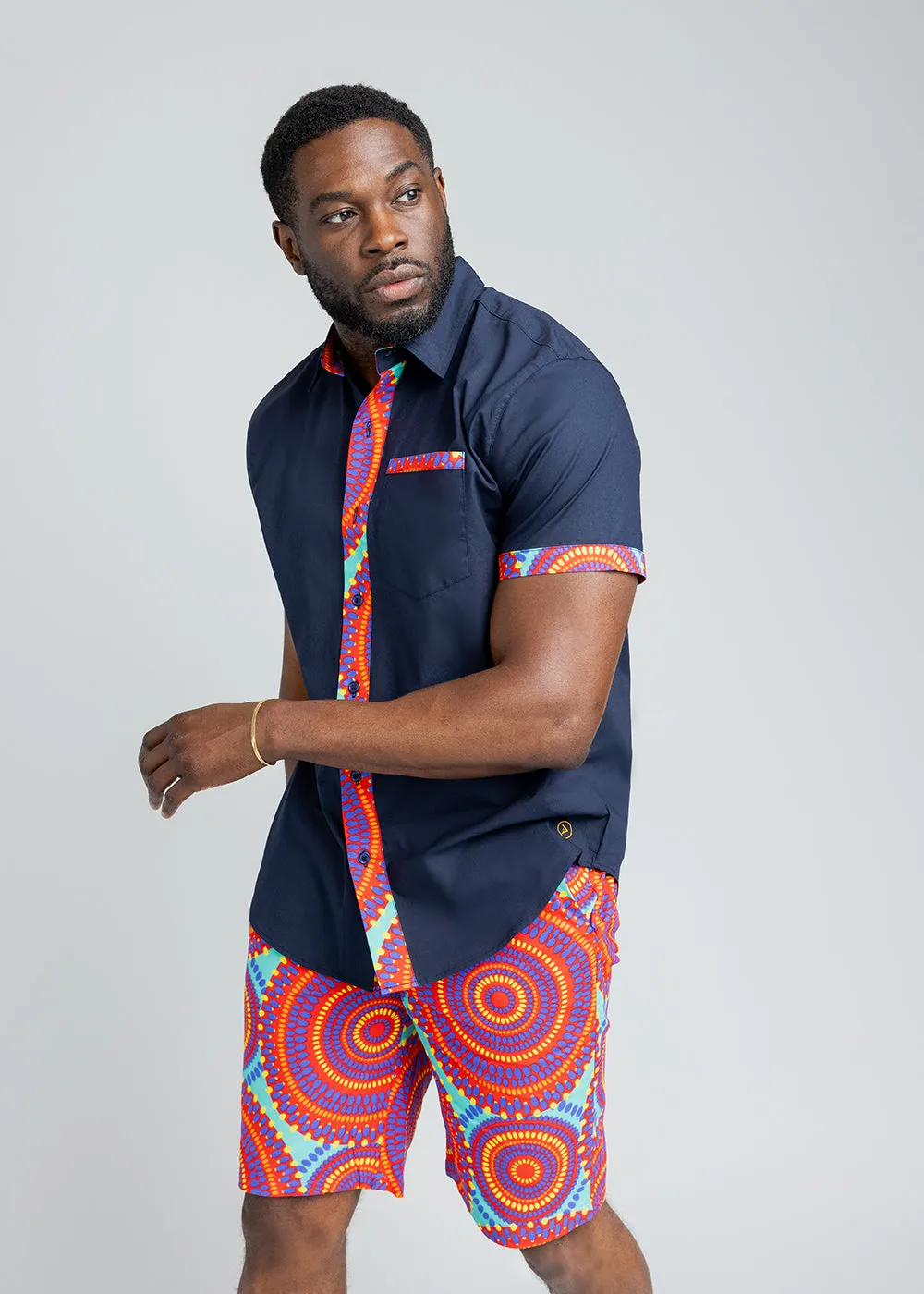 Kanai Men's African Print Color-Blocked Shirt (Navy/Turquoise Red Circles) - Clearance sold by D'iyanu product image thumbnail 4