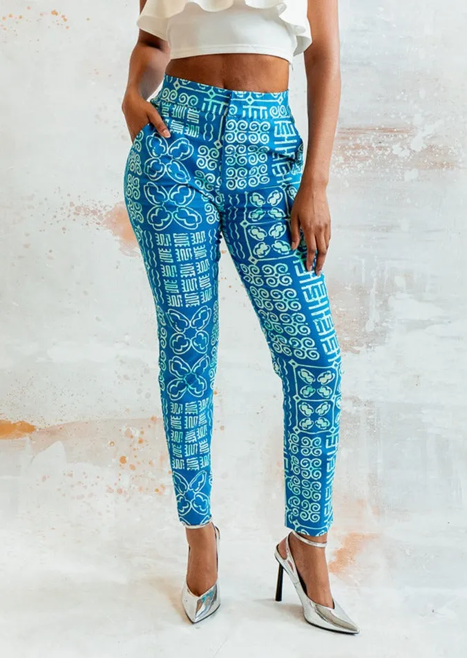 Talia Women's African Print Stretch Woven Pants (Cool Blue Adire)-Clearance sold by D'iyanu