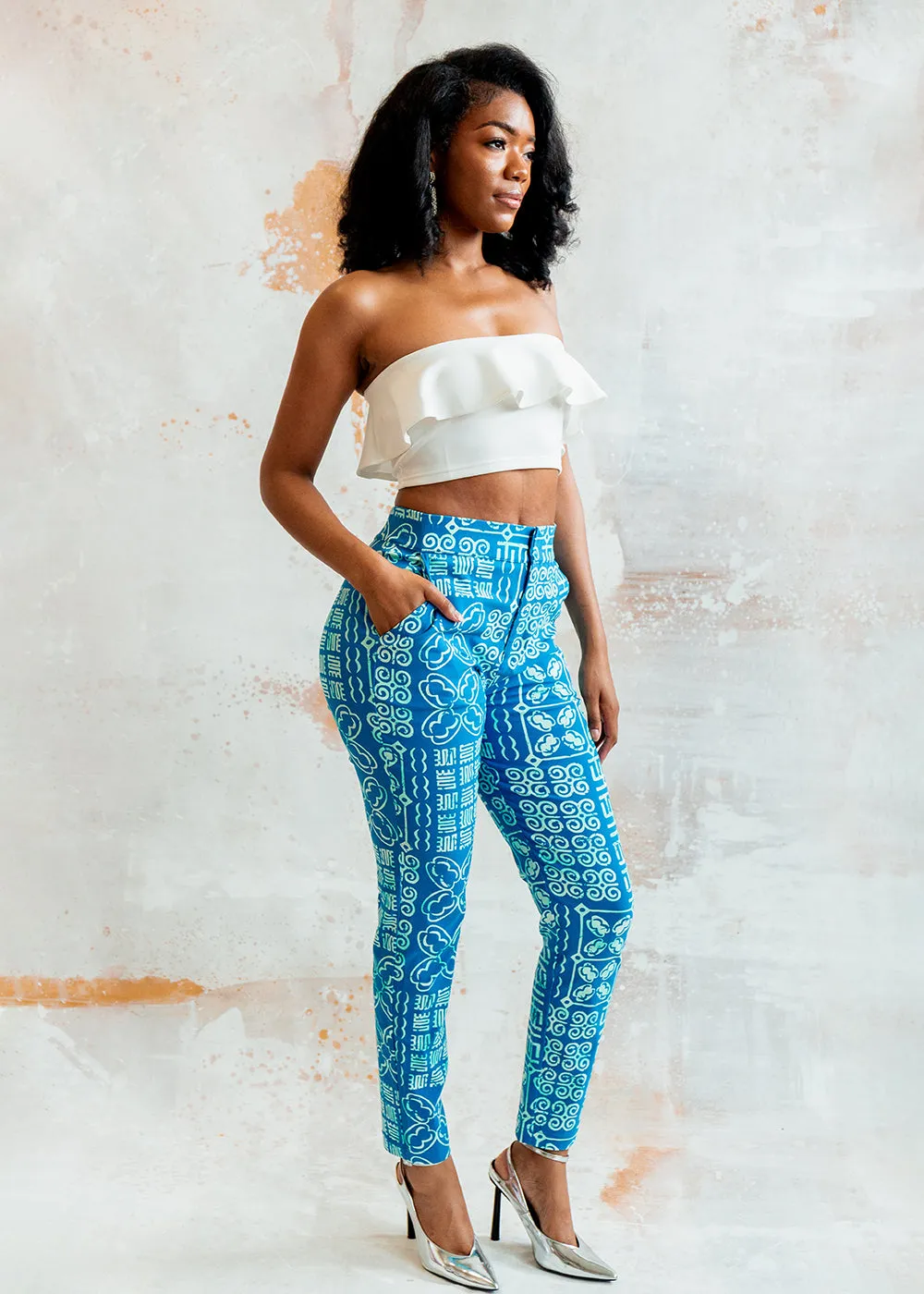 Talia Women's African Print Stretch Woven Pants (Cool Blue Adire)-Clearance sold by D'iyanu product image thumbnail 4