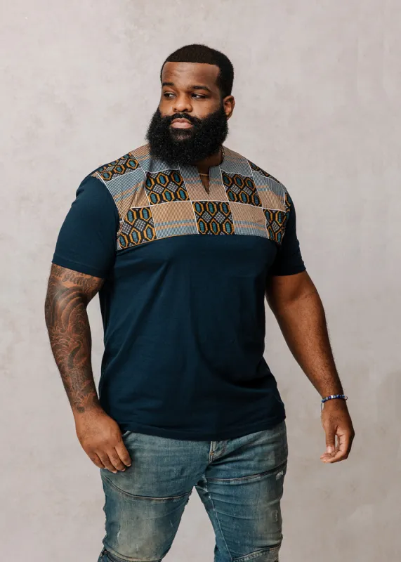 Dayo Men's African Print T-Shirt (Blue/Tan/Navy) sold by D'iyanu