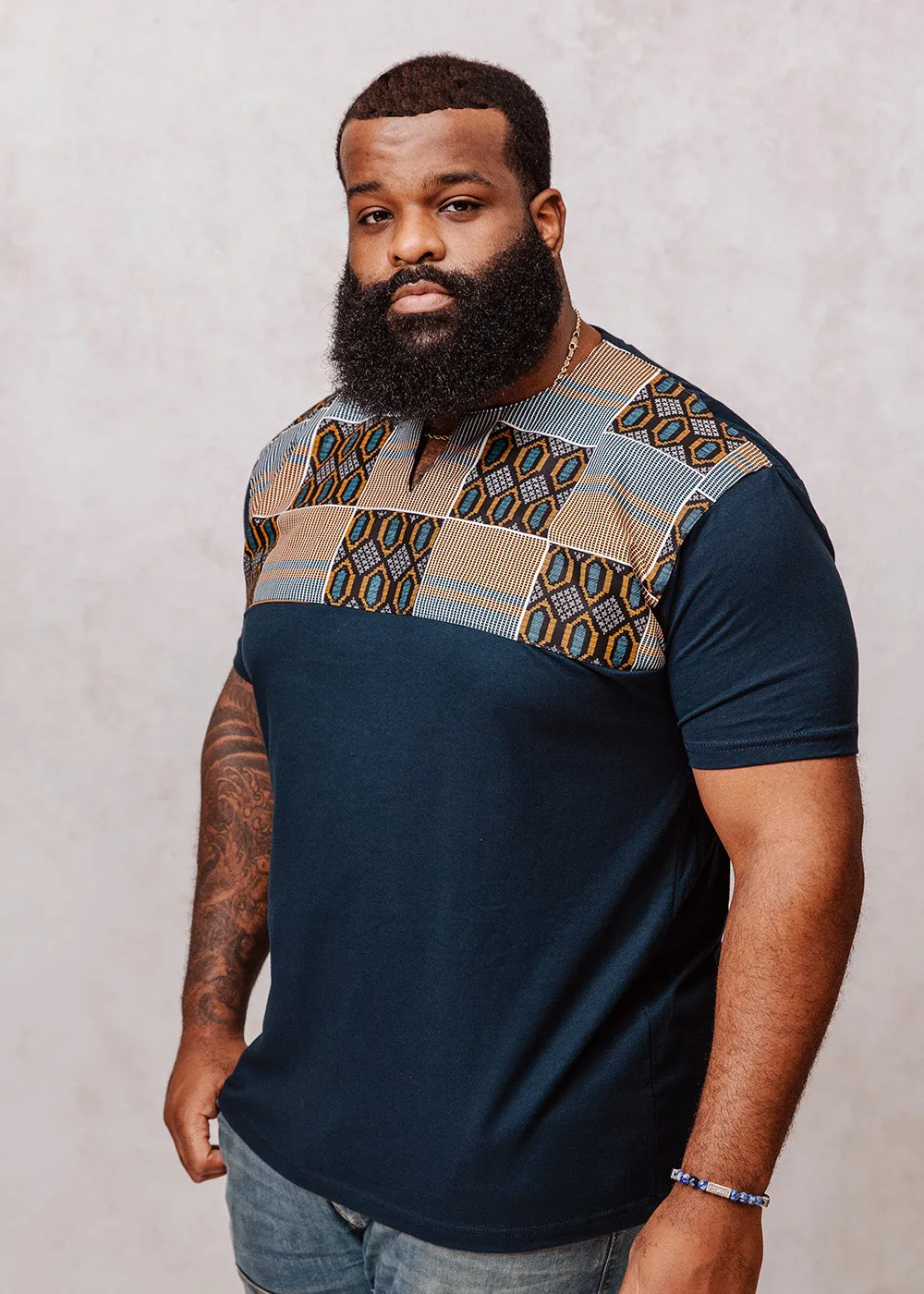 Dayo Men's African Print T-Shirt (Blue/Tan/Navy) sold by D'iyanu product image thumbnail 3