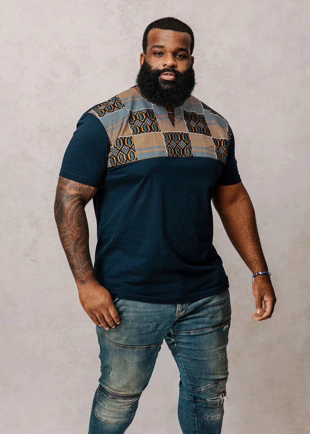 Dayo Men's African Print T-Shirt (Blue/Tan/Navy) sold by D'iyanu product image thumbnail 5