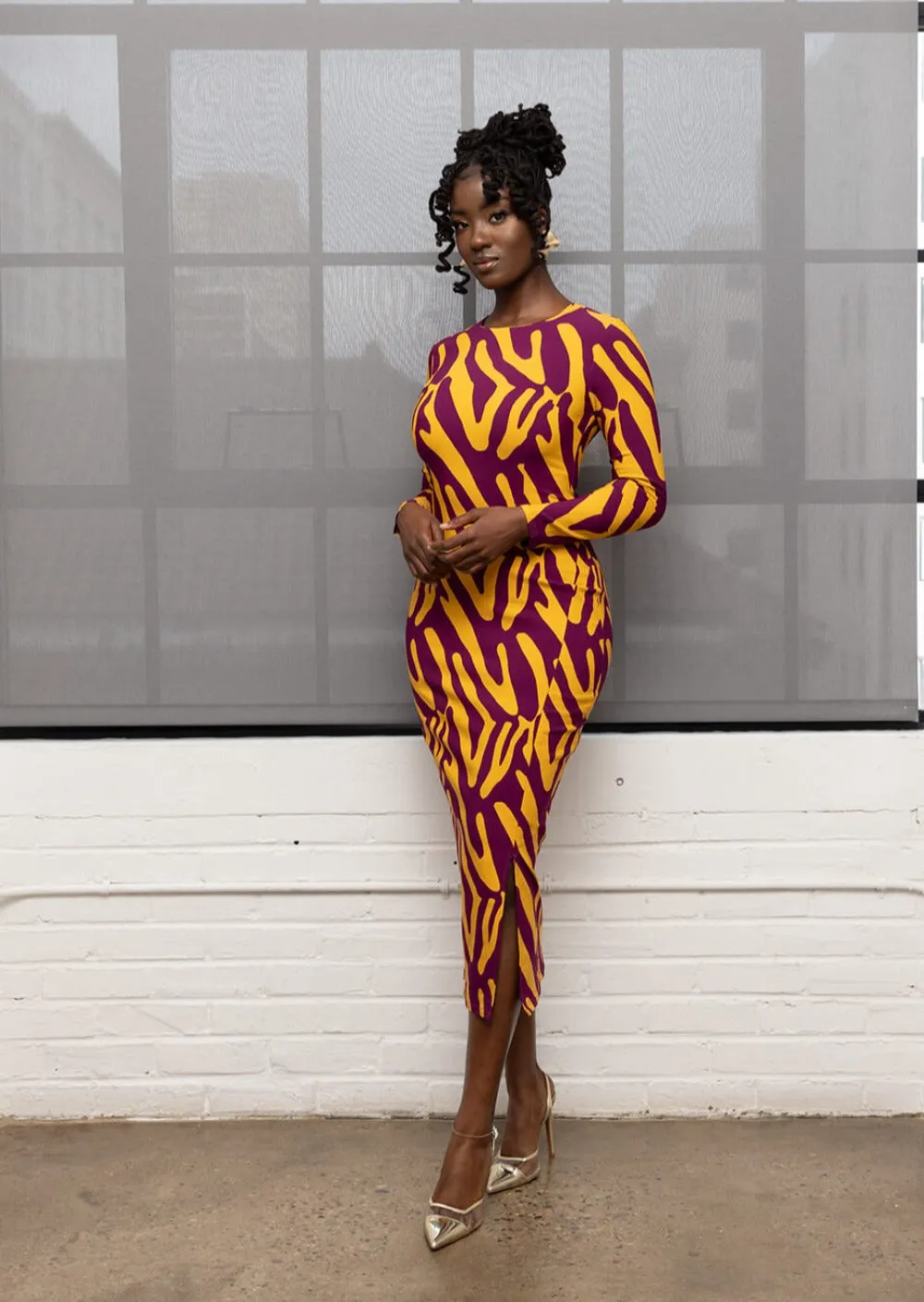 Chidima Women's African Print Stretch Midi Dress (Gold Zebra Abstract) sold by D'iyanu product image thumbnail 2