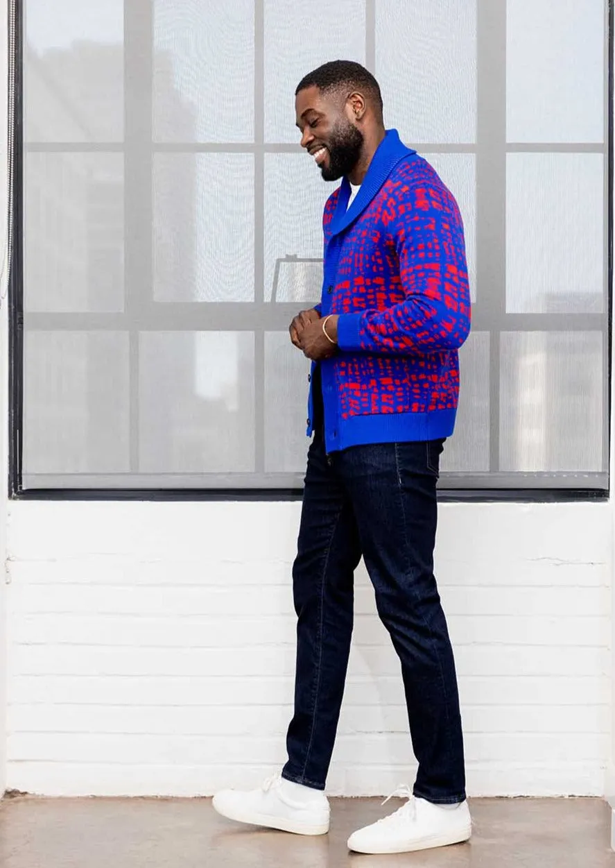 Aren Men's African Print Cardigan Sweater (Red Blue Adire) - Clearance sold by D'iyanu product image thumbnail 4
