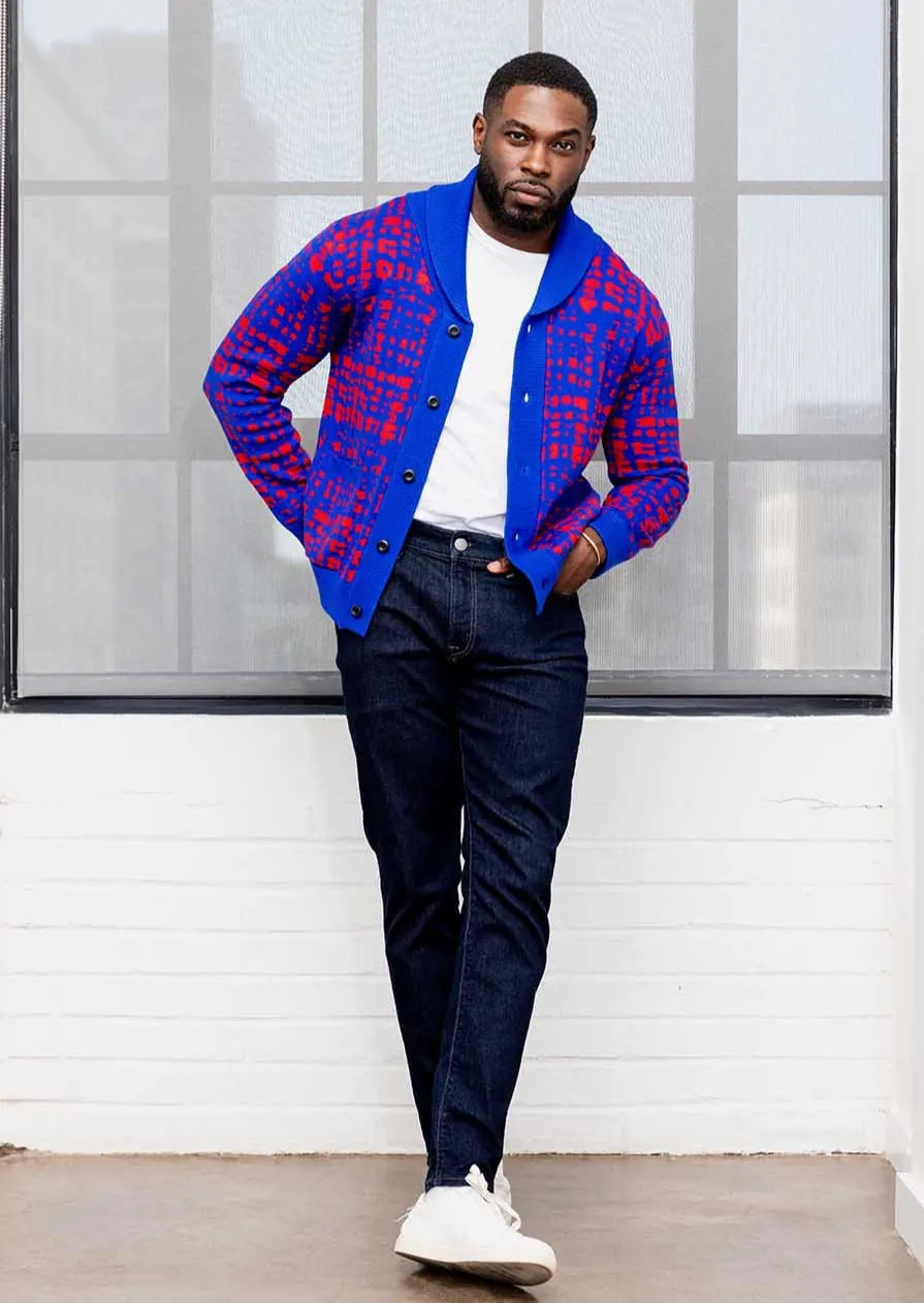 Aren Men's African Print Cardigan Sweater (Red Blue Adire) - Clearance sold by D'iyanu product image thumbnail 2