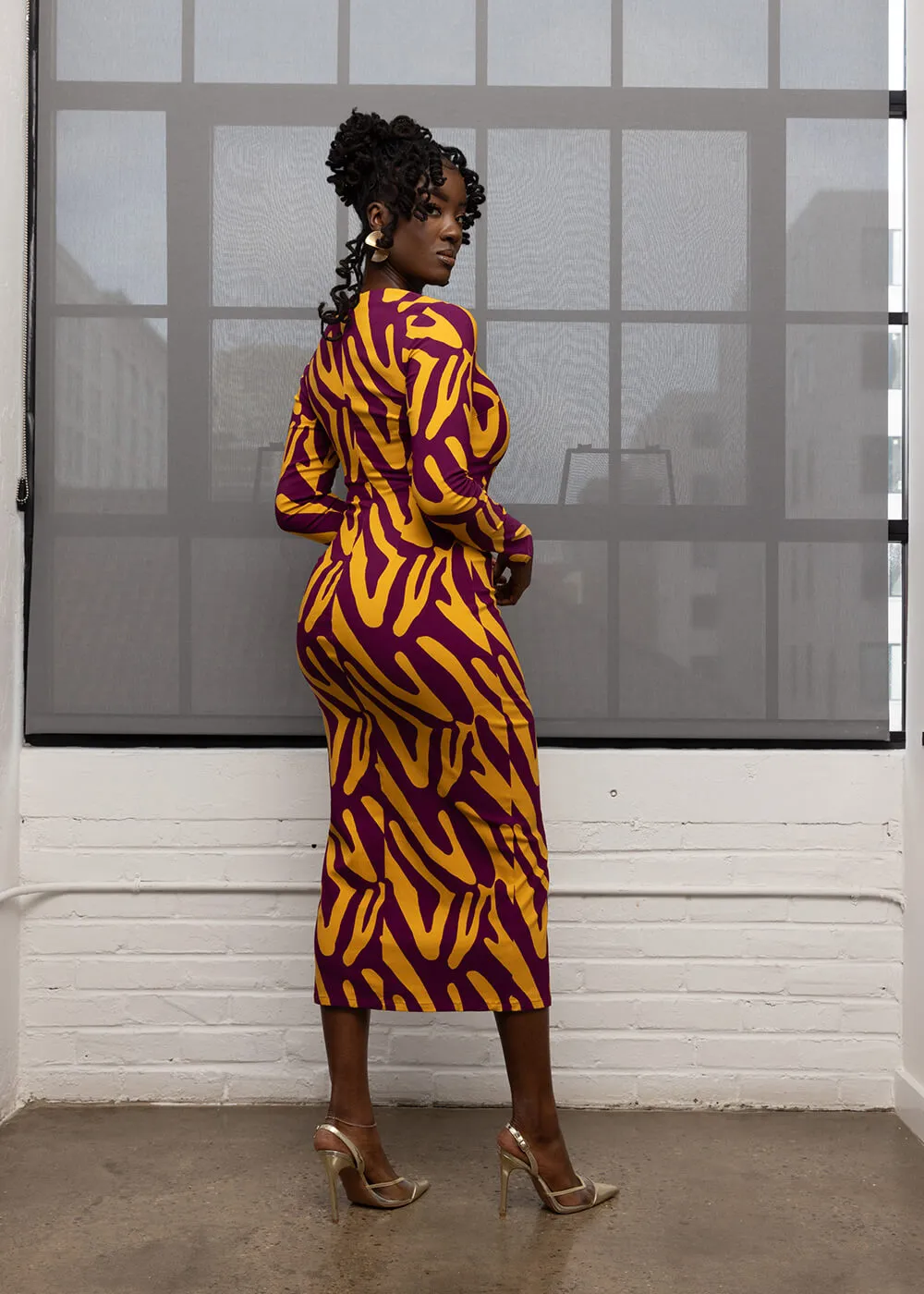 Chidima Women's African Print Stretch Midi Dress (Gold Zebra Abstract) sold by D'iyanu product image thumbnail 3