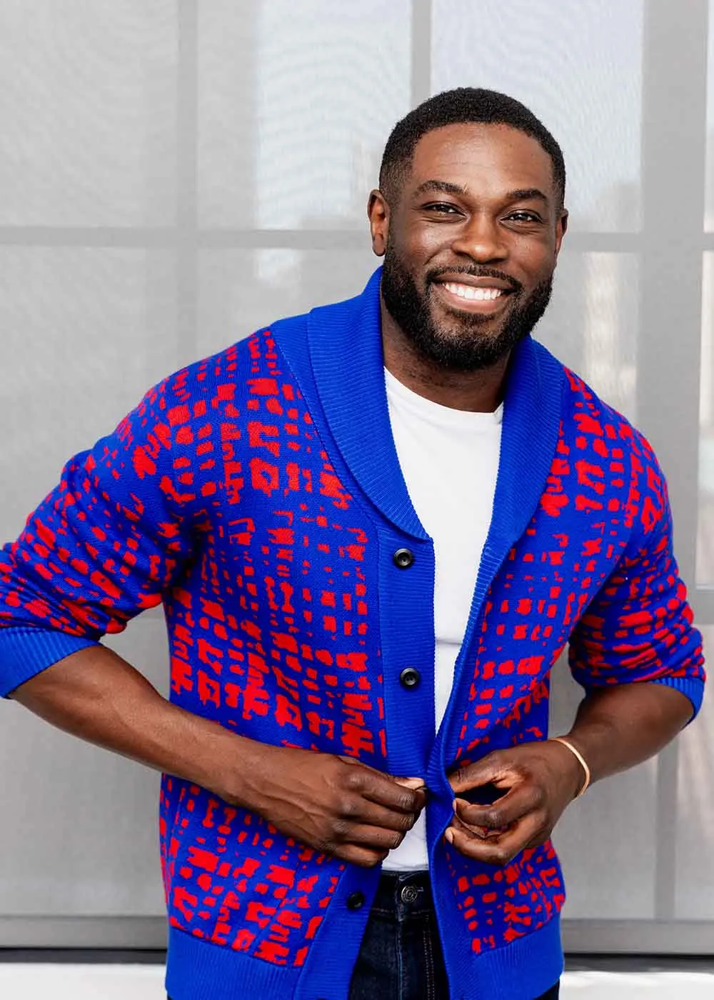 Aren Men's African Print Cardigan Sweater (Red Blue Adire) - Clearance sold by D'iyanu
