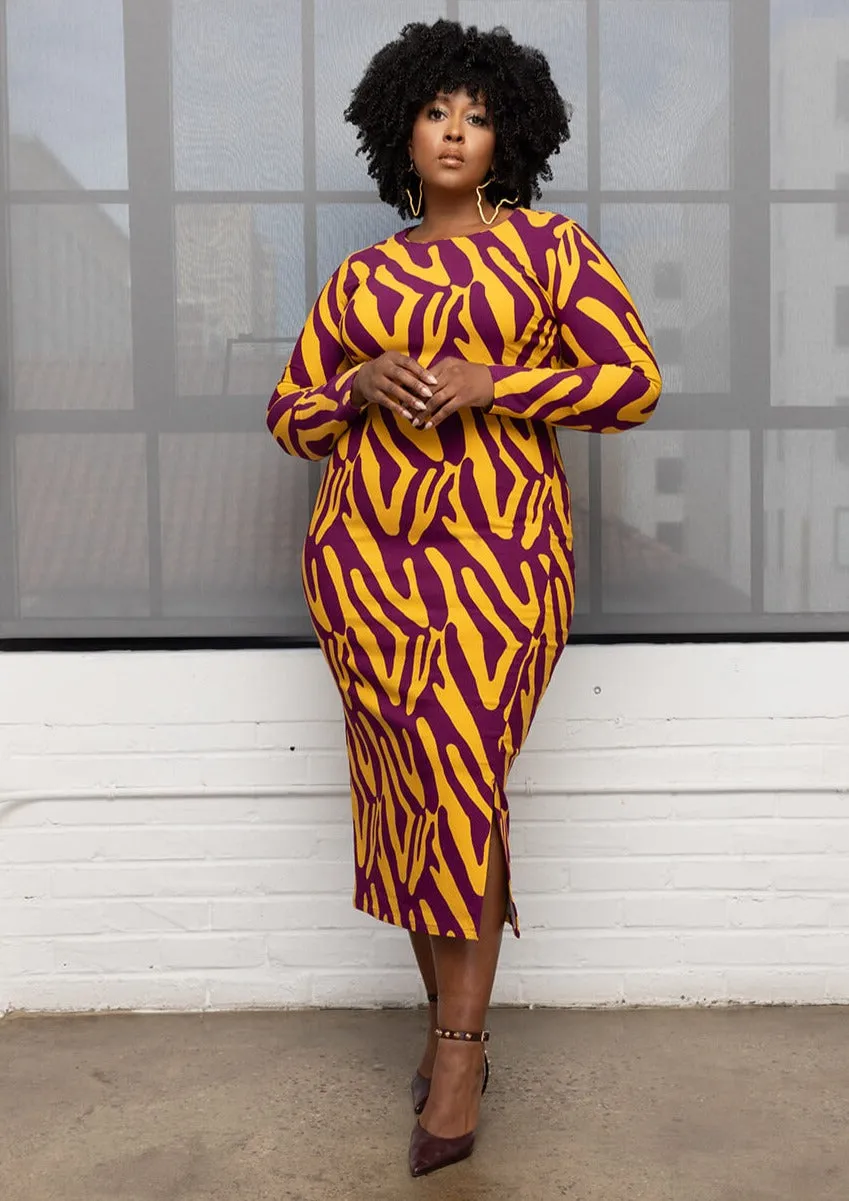 Chidima Women's African Print Stretch Midi Dress (Gold Zebra Abstract) sold by D'iyanu