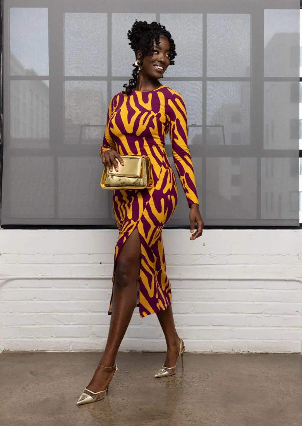 Chidima Women's African Print Stretch Midi Dress (Gold Zebra Abstract) sold by D'iyanu product image thumbnail 5