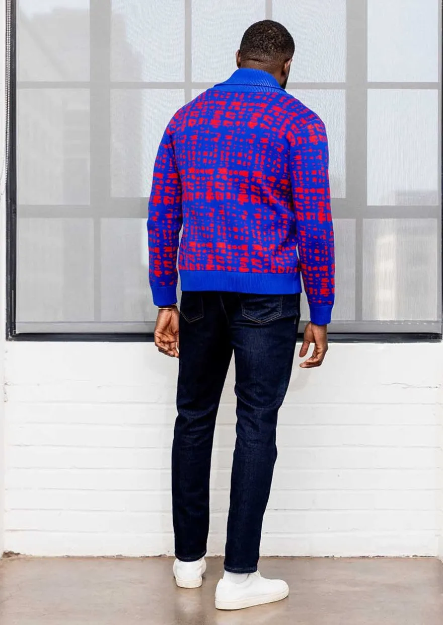 Aren Men's African Print Cardigan Sweater (Red Blue Adire) - Clearance sold by D'iyanu product image thumbnail 5