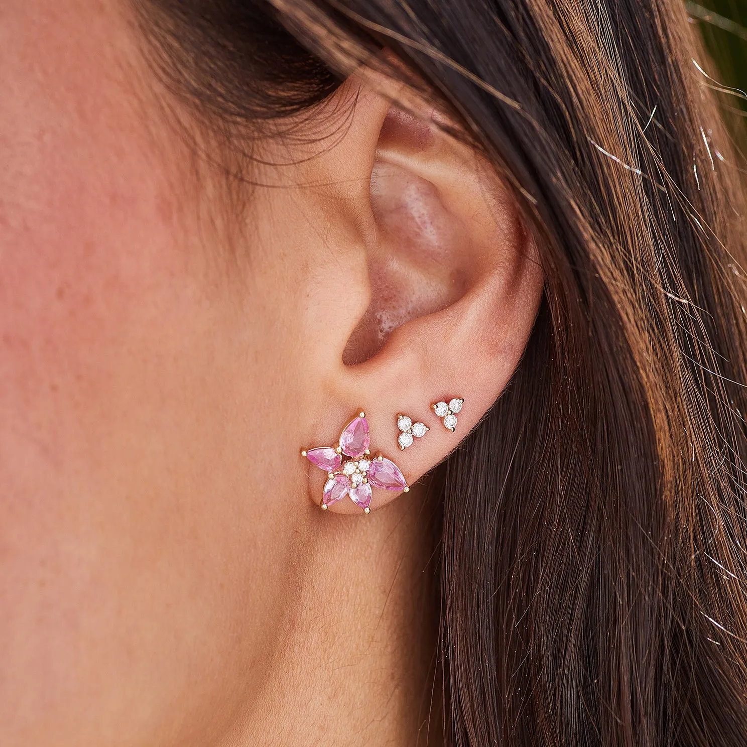 Pink Sapphire & Diamond Trio Cluster Stud Earrings sold by EF Collection product image thumbnail 2