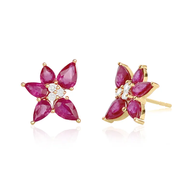Ruby & Diamond Trio Cluster Stud Earrings sold by EF Collection
