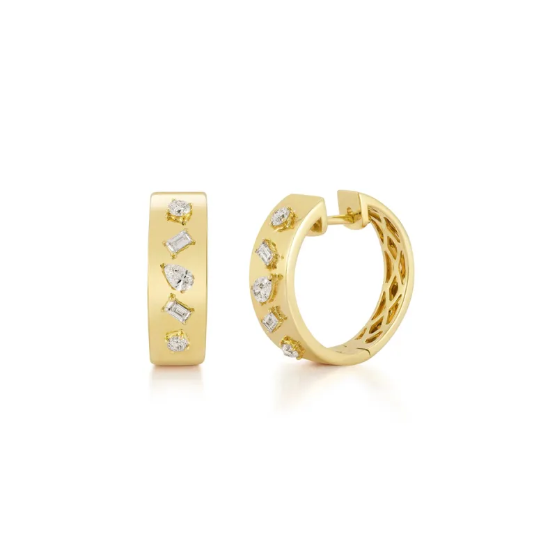 Diamond Multifaceted Gold Hoop Earrings sold by EF Collection