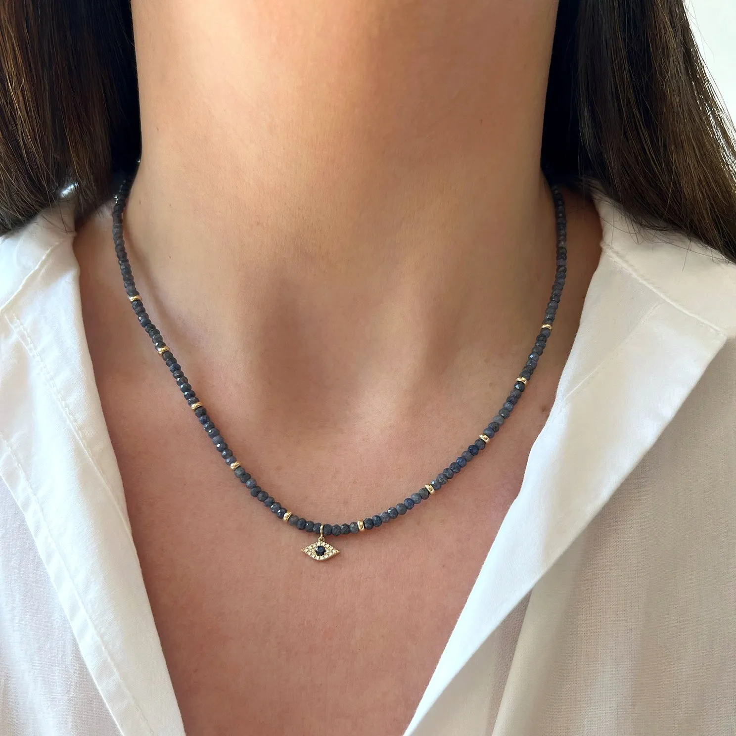 Blue Sapphire Birthstone Bead & Diamond Evil Eye Necklace sold by EF Collection product image thumbnail 2