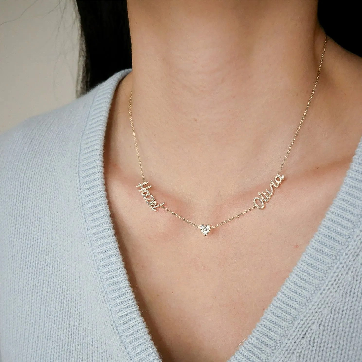 Full Cut Heart Double Diamond Script Name Necklace sold by EF Collection product image thumbnail 2