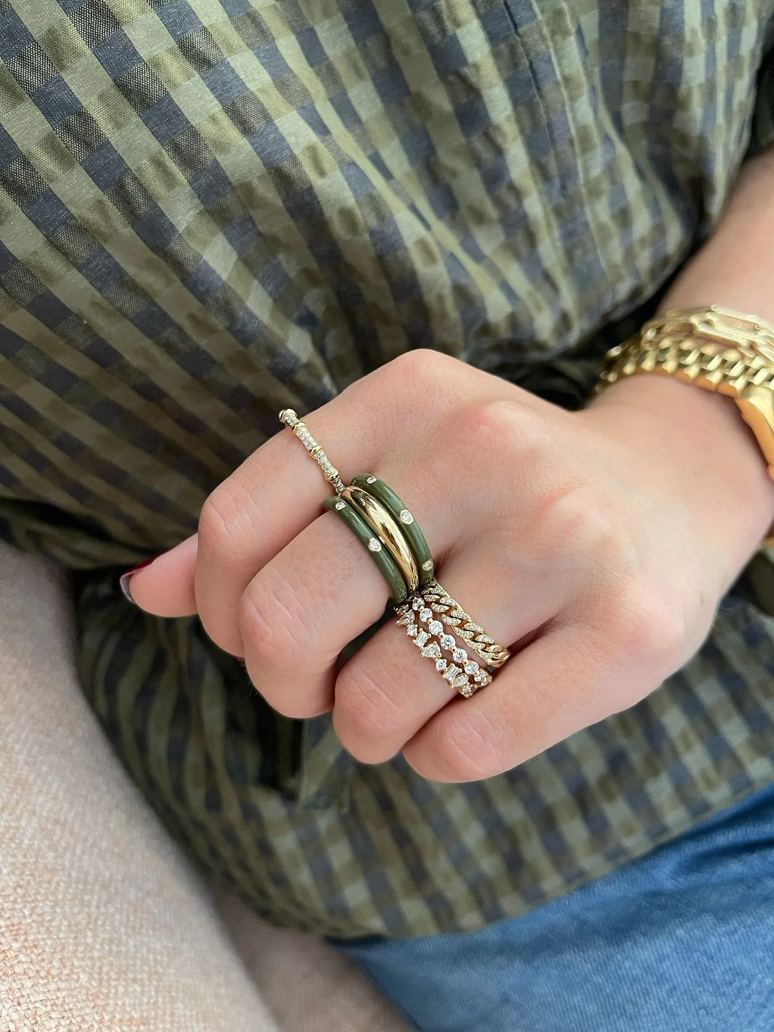 3 Diamond & Olive Enamel Stack Ring sold by EF Collection product image thumbnail 2