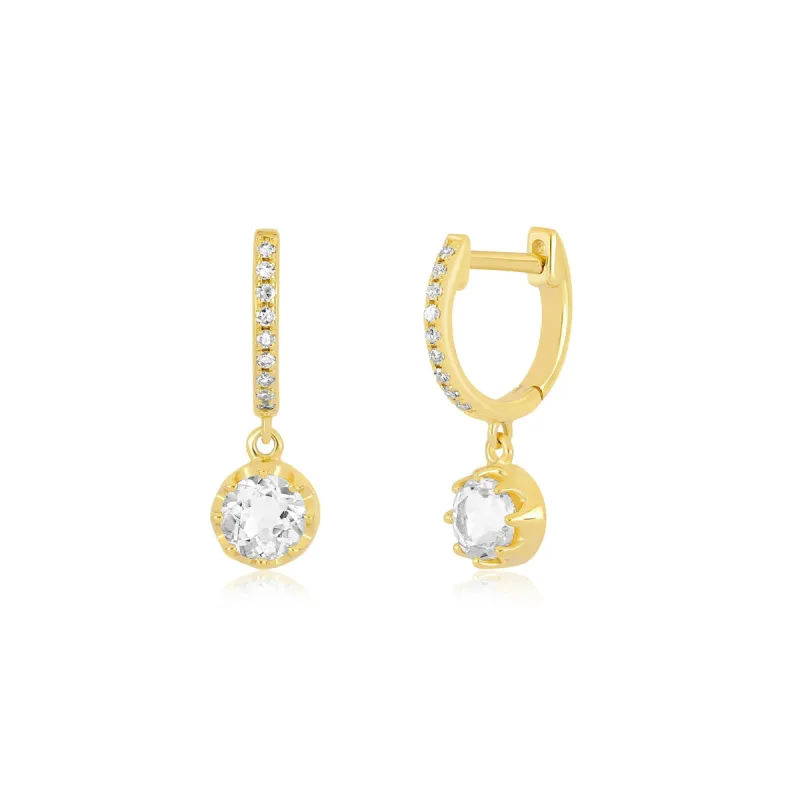 White Quartz Crown Drop Diamond Mini Huggie Earring made by EF Collection