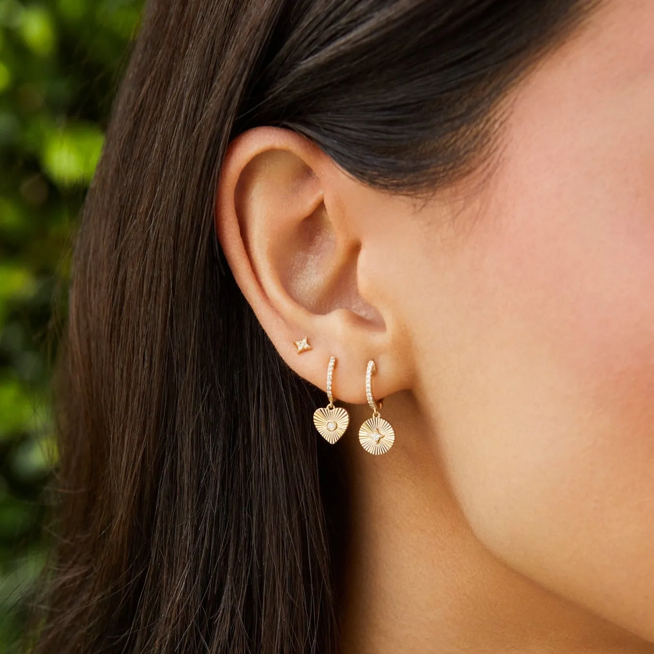 Gold & Diamond Fluted Disc Drop Huggie Earrings sold by EF Collection product image thumbnail 2