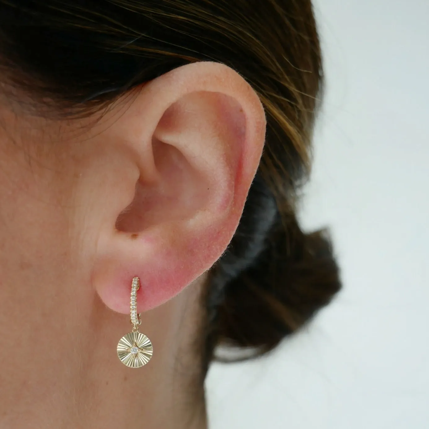 Gold & Diamond Fluted Disc Drop Huggie Earrings sold by EF Collection product image thumbnail 5